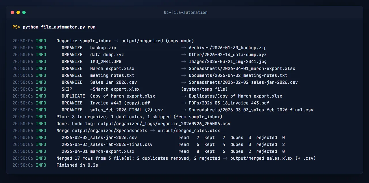 Terminal output of the folder cleanup run