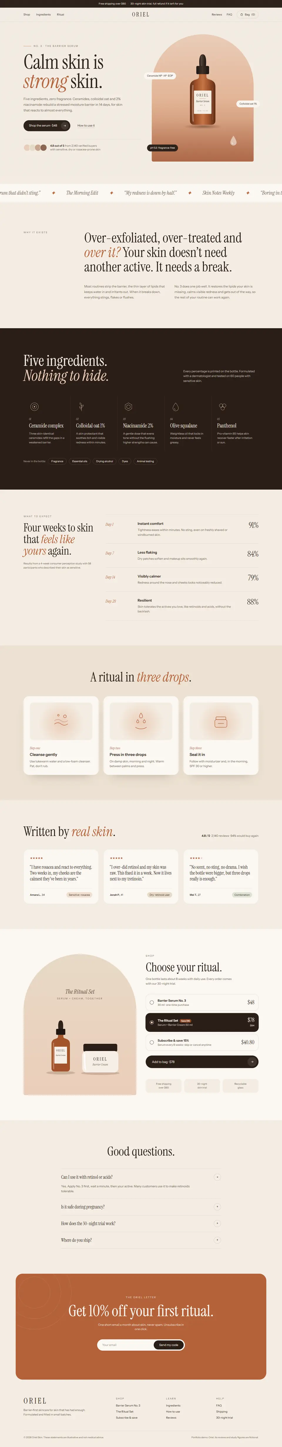 Full page of the Oriel skincare product landing page